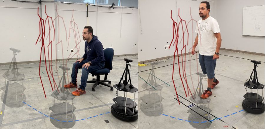 Robot follow-ahead experiment with predicted future skeletons overlaid on the scene